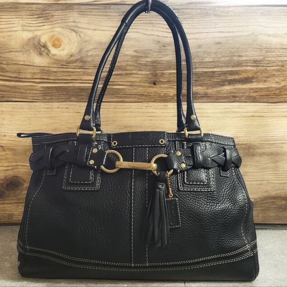 Coach Hamptons Black Pebbled Leather Satchel Tote Bag Large in EUC - Picture 1 of 13